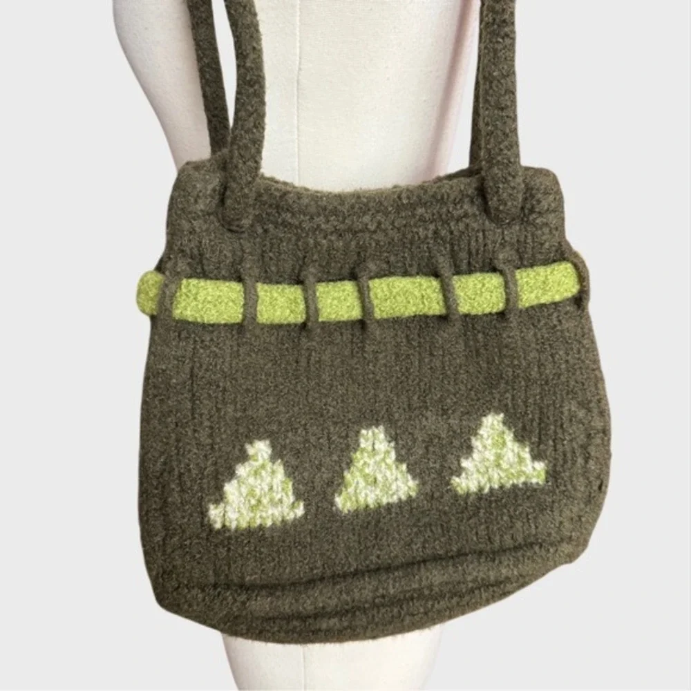 Handmade Forest Core Felted Wool Handbag mossy green trees goblin core whimsical